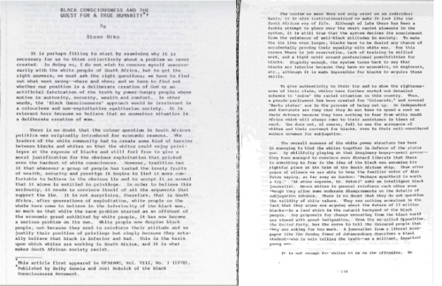 image showing two pages of Steve Biko's essay Black consciousness and the quest for a true humanity written by Steve Biko and taken from the book I Write What I Like.