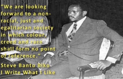 Image of Steve Biko with a quote from the book I Write What I Like which reads, “We are looking forward to a non-racial, just and egalitarian society in which colour, creed and race shall form no point of reference.”