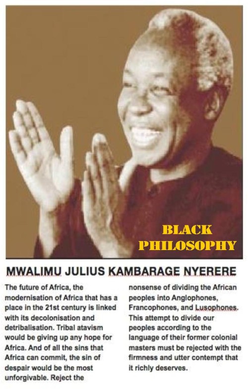 Picture of Mwalimu Julius Kambarage Nyerere smiling and clapping his hands. Below his picture is a text where he is denouncing tribalism.